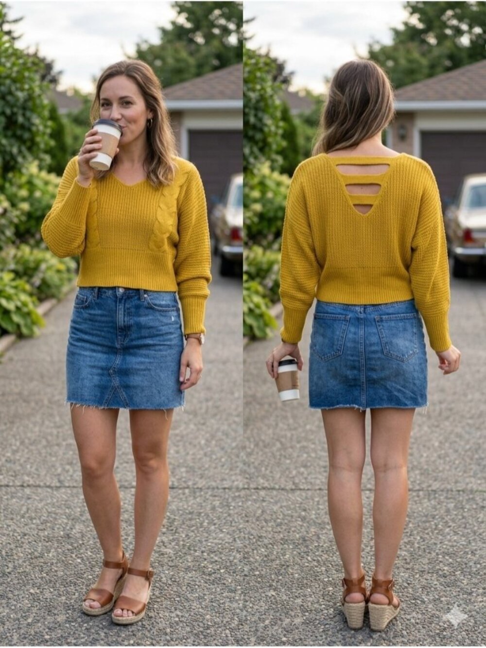 FCT With Love Mustard Yellow Knit Sweater Large Cropped V-Neck Strappy Open Back